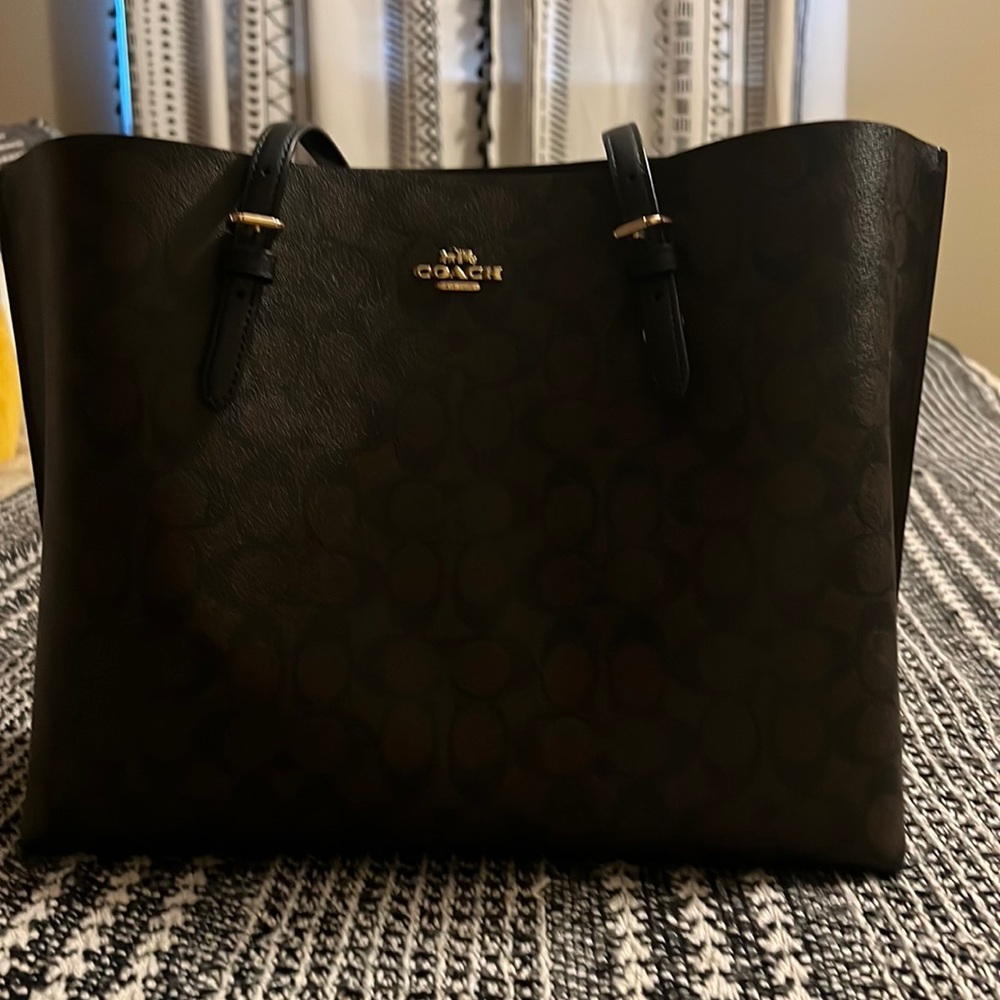 Coach Mollie Tote in Signature Canvas, Rich Chocolate tones and red interior.